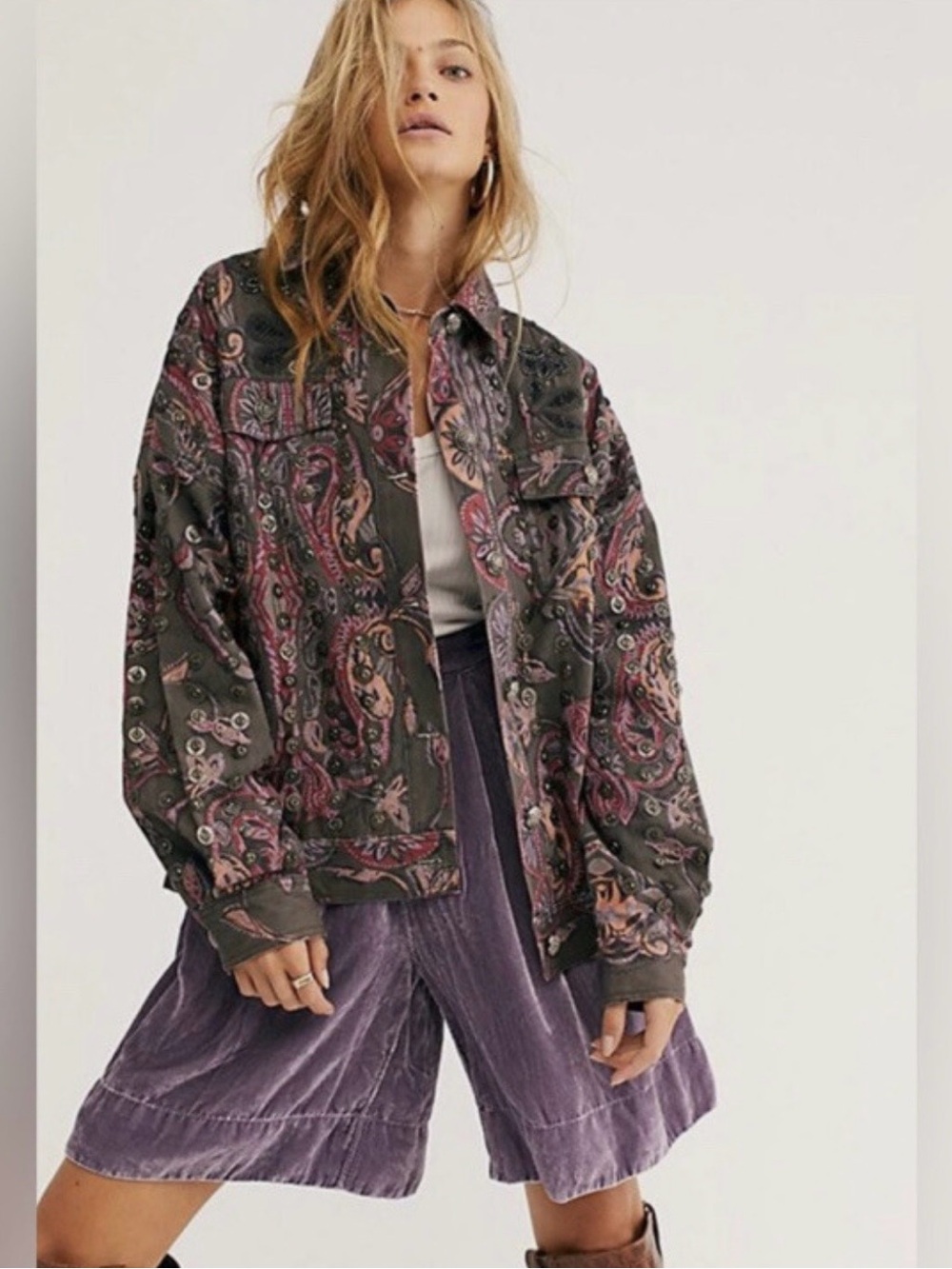 Paisley, Free People embellished Print Utility Jacket - Olive & Pink